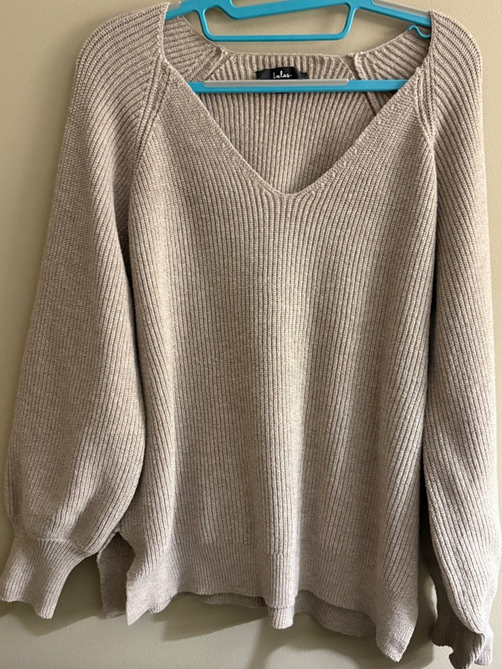 Classic Heather Taupe Ribbed Knit Balloon Sleeve Sweater